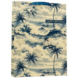 Bring a touch of paradise to any celebration with our Extra Large Island Breeze Gift Bag. This beautifully designed bag features a serene tropical scene, complete with swaying palm trees, rolling ocean waves, and distant islands, all rendered in a stylish blue and cream palette. Perfect for capturing that holiday feeling, it’s ideal for birthdays and other special occasions.
Generously sized for those larger gifts, each bag comes with a luxurious blue ribbon handle and a charming matching gift tag. Offer your customers a sophisticated and eye-catching way to present their presents. Available in a convenient pack of 6 from Partisan Products Ltd.