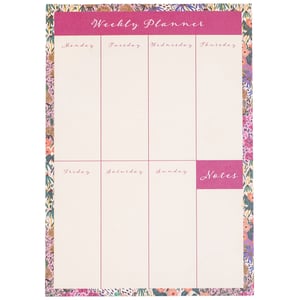 Stay beautifully organised with our charming Liberty Garden Weekly Planner. This delightful planner pad brings a touch of floral elegance to your daily routine, featuring a vibrant multi-coloured border that will brighten any desk. The clear layout provides dedicated sections for Monday through Sunday, alongside a handy 'Notes' area, all set against a soft cream background with stylish pink accents. Perfect for keeping track of appointments, tasks, and goals, this planner combines practicality with stunning design. It's the ideal way to add a pop of colour and a dash of style to your week, ensuring you never miss a beat.