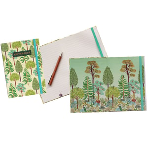 Immerse yourself in nature with the charming Beechwood Park A5 Notebook, available as a single unit. This beautifully designed notebook features a captivating forest theme, showcasing a variety of green trees on its front cover. The reverse side reveals a more intricate woodland scene, complete with majestic trees, lush undergrowth, and subtle glimpses of wildlife like deer. Inside, you'll find neatly lined pages, perfect for jotting down notes, ideas, or daily reflections. A practical elastic closure keeps your contents secure. Bring a touch of the serene outdoors to your everyday writing with this lovely A5 notebook from Partisan Products Ltd.