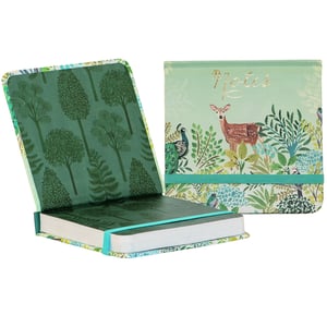 Introduce the Beechwood Park Mini Jotter, a charming item for any stationery collection. The cover features a detailed woodland illustration, showcasing a graceful deer, vibrant peacocks, and lush green foliage. "Notes" is elegantly presented in gold lettering, adding a sophisticated touch. Inside, a complementary dark green pattern of trees adds to its unique appeal. This compact jotter is designed for practicality, ideal for capturing quick thoughts, lists, or daily reminders on the go. An elastic band ensures your pages stay neat and secure. Available as single units, this jotter offers a delightful blend of style and function for your customers. Supplied by Partisan Products Ltd.