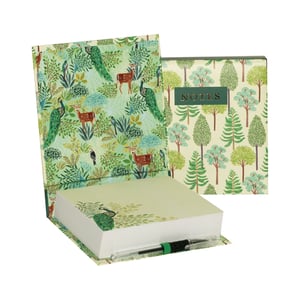 The Beechwood Park Noteblock is a charming addition to any desk or a thoughtful gift. This delightful noteblock set features an enchanting woodland design, showcasing elegant peacocks, graceful deer, and lush foliage in a vibrant palette of greens. The decorative box opens to reveal a substantial stack of notepaper, each sheet subtly adorned with a coordinating peacock motif. A handy pen is included, ensuring it'