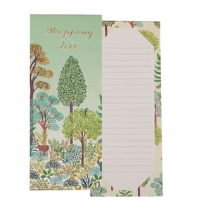 Add a touch of natural charm to everyday errands with the beautiful Beechwood Park Shopping List from Partisan Products Ltd. This delightful shopping list pad features a whimsical forest design, complete with lush trees, a graceful deer, and charming birds, all set against a soothing green background. The elegant gold script title, 'Shopping List,' adds a sophisticated touch.
Each lined page is ready for your weekly essentials, making grocery planning a joy. The thoughtful design extends to the individual sheets, which reveal a subtle, coordinating forest pattern. Perfect for gifting or for adding a little beauty to your own kitchen, this single shopping list pad is a lovely blend of practicality and artistry. Make your shopping experience a little brighter with Beechwood Park.