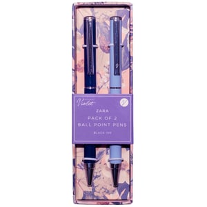 Add a touch of elegance to your stationery collection with the Zara 2 Pack Pen set. This delightful duo features two stylish ballpoint pens, one in a rich navy and the other in a soft lavender, both writing smoothly in classic black ink. Each pen boasts sleek silver-tone accents and a distinctive 'V' logo, reflecting the 'Design by Violet' aesthetic. Presented in a beautifully coordinated floral gift box, this set is perfect for gifting or for adding a sophisticated touch to any desk. Available in a convenient pack size of 1x6 from Partisan Products Ltd, these Zara pen sets are sure to be a popular choice for your customers.