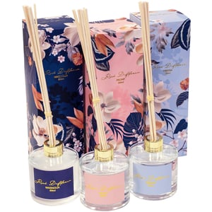 Introduce a touch of elegance and delightful fragrance to any home with our exquisite Zara 200ml Reed Diffusers. This stunning collection features three distinct and captivating scents: the rich allure of Magnolia, the delicate charm of Peony, and the refreshing aroma of Freesia.

Each 200ml diffuser comes beautifully presented in a matching floral gift box, making them an ideal choice for customers seeking a thoughtful present or a stylish addition to their own living space. The clear glass bottles, adorned with elegant gold-coloured tops and coordinating labels, perfectly complement the intricate botanical designs on the packaging.

Supplied by Partisan Products Ltd, this wholesale pack contains 6 diffusers (1x6), ensuring you receive two of each delightful design/scent (Magnolia, Peony, Freesia) per outer. Elevate your retail offering with these beautifully crafted diffusers, designed to enchant and refresh.