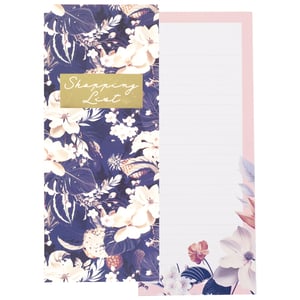 Discover the charming Zara Shopping List, a delightful addition to any home. This single shopping list pad effortlessly blends practicality with beautiful design. The cover boasts an elegant dark floral pattern, adorned with lovely white and cream blossoms, and highlighted by a stylish gold "Shopping List" title. Inside, you'll find plenty of lined pages, perfect for jotting down all your essentials. Each page is subtly framed by a soft pink border and features delicate floral touches at the bottom, mirroring the cover's beauty. Stay organised and add a touch of sophistication to your daily routine with the Zara Shopping List.