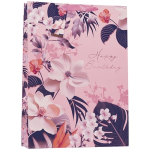 Make someone's special day even brighter with our Extra Large Zara Gift Bag! This stunning bag features a beautiful blush pink background adorned with an exquisite floral design, showcasing elegant magnolias, delicate blossoms, and lush foliage in shades of pink, purple, and coral. The "Happy Birthday" message in a stylish script adds a personal touch, making it perfect for any celebration. Complete with sturdy pink ribbon handles, this extra-large bag is ideal for presenting generous gifts. Available in a convenient pack of 6, it's a must-have for your gift wrap collection. From Partisan Products Ltd, ensuring quality and style.