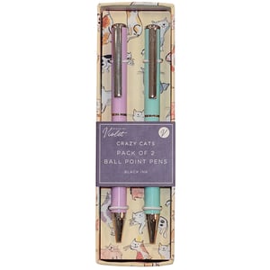 Introduce a purr-fectly charming addition to your stationery range with our Crazy Cats 2 Pack Pens. Each delightful set includes two smooth black ink ballpoint pens, one in a soft lilac and the other in a refreshing mint green, both finished with stylish silver clips and elegant rose gold tips.
The pens come beautifully presented in a gift-ready box, adorned with an adorable assortment of 'crazy cats' illustrations. Designed by Violet, these pens are ideal for cat enthusiasts and make wonderful gifts. They're sure to be a popular item in your store! Stock up on these delightful sets; available in wholesale packs of 6.