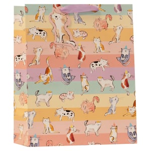 Present gifts with a touch of feline fun using our Large Crazy Cats Gift Bag! This delightful bag features an adorable assortment of watercolour-style cats, many sporting playful party hats and crowns, set against a cheerful backdrop of pastel stripes. Perfect for birthdays, celebrations, or any occasion that calls for a special touch, its charming design is sure to bring a smile to any cat lover's face. The sturdy construction and ribbon handles ensure a beautiful presentation. Stock up on these popular gift bags, available in a convenient pack of 6 from Partisan Products Ltd, and add a whimsical touch to your retail offering.