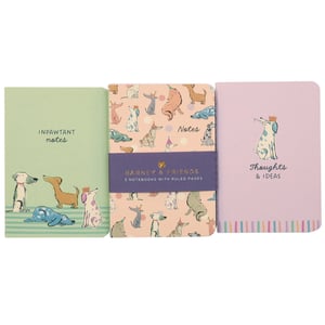 Get ready to jot down your most 'inpawtant' thoughts with this adorable set of 3 Barney & Friends A6 Notebooks! Designed for dog lovers, each notebook boasts unique and charming canine illustrations. You'll find a light green cover for your 'INPAWTANT notes', a playful pink design perfect for 'Thoughts & IDEAS', and a delightful all-over dog pattern. All three notebooks feature ruled pages, making them ideal for school, work, or simply capturing your daily musings. This fantastic trio comes conveniently packaged as a single set, making it a wonderful gift or a delightful treat for yourself. Add a touch of canine charm to your everyday note-taking!