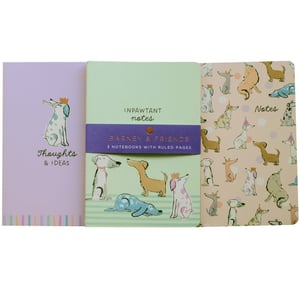 Unleash your creativity with this charming set of 3 Barney & Friends A5 Notebooks! Perfect for dog lovers of all ages, these delightful notebooks are designed to capture all your 'inpawtant' thoughts and ideas.
Each set includes three unique designs. The first notebook, in a lovely lilac, features a regal spotted dog wearing a crown, inviting you to fill its ruled pages with 'Thoughts & Ideas'. The second, a soft green, showcases a playful group of canine companions, ready for your 'Inpawtant Notes'. Finally, the third notebook boasts an adorable pattern of dogs in party hats, ideal for all your everyday 'Notes'.
With ruled pages in each A5 notebook, they're perfect for school, work, or personal journaling. Add a touch of canine charm to your stationery collection!