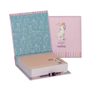 Add a wag-tastic touch to any workspace with the charming Barney & Friends Noteblock from Partisan Products Ltd! This delightful set comes in a sturdy, decorative box, featuring a regal dog wearing a crown and the playful "RUFF notes" slogan on its light pink exterior. Inside, a vibrant blue pattern of dog outlines adorns the lid, while a stack of handy notepaper awaits your ideas. A matching pen is conveniently included, tucked neatly at the base. Perfect for quick reminders, shopping lists, or as a thoughtful gift, this single noteblock is an absolute treat for dog lovers and stationery enthusiasts alike.