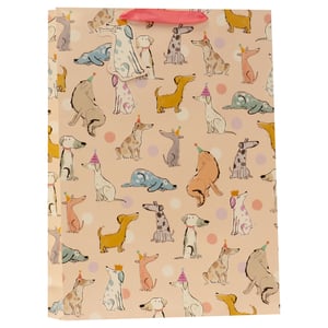 Make every present a paw-some surprise with our Extra Large Barney & Friends Gift Bag! This charming gift bag features a delightful parade of cartoon dogs, each one bursting with personality. Many are sporting festive party hats or even a regal crown, adding a touch of fun to any celebration. The soft, peachy background is adorned with playful pastel polka dots, creating a cheerful design that's perfect for birthdays, pet lovers, or any special occasion. Its generous extra-large size ensures there's plenty of room for those wonderful gifts. A truly adorable way to present your thoughtful presents!