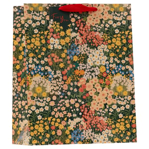 Present gifts with a touch of natural charm using our Large Daisies Gift Bag from Partisan Products Ltd. This generously sized bag features a rich, all-over print of wildflowers, including cheerful daisies, in a vibrant mix of yellow, white, blue, and peach tones, against a dark green background. It comes complete with sturdy red ribbon handles and a 'For You' gift tag, adding a thoughtful detail. Ideal for a range of items, these bags provide an appealing way to package presents. Available in a wholesale pack of 6, they offer a delightful and practical option for your retail collection.