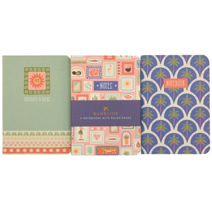 Brighten up any stationery collection with our delightful 3 Sunshine A6 Notebooks, brought to you by Partisan Products Ltd. This charming set features three distinct designs, each bursting with cheerful, summery vibes.
The first notebook offers a calming sage green cover adorned with a radiant sun and 'THOUGHTS & IDEAS' – perfect for daily reflections. The second boasts a playful pink design covered in quirky, stamp-like illustrations, ideal for 'NOTES'. Completing the trio is a vibrant blue notebook featuring an eye-catching palm tree pattern, ready for all your jottings.
Each A6 notebook contains ruled pages, making them wonderfully practical for capturing thoughts, plans, or creative sparks on the go. These notebooks are a fantastic addition for anyone who loves a touch of sunshine in their everyday essentials.
