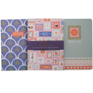 Brighten up your stationery collection with our delightful 3 Sunshine A5 Notebooks from Partisan Products Ltd! This charming set brings a touch of tropical joy to your everyday notes and ideas. Each A5 notebook features ruled pages, perfect for jotting down thoughts, to-do lists, or creative musings.
The set includes three unique and vibrant designs: a playful blue notebook adorned with a repeating palm tree pattern, a cheerful pink notebook covered in an eclectic mix of 'stamp' illustrations, and a serene sage-green notebook featuring a radiant sun motif and the inviting phrase 'Thoughts & Ideas'. With their eye-catching colours and summery themes, these notebooks are sure to inspire. This single pack is ideal for gifting or adding a splash of sunshine to your own desk.