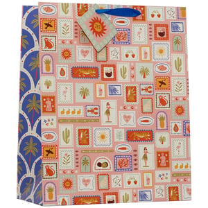 Brighten up any gift-giving occasion with our delightful Large Sunshine Gift Bag from Partisan Products Ltd. This charming bag features a vibrant, stamp-inspired design on a soft pink background, bursting with playful illustrations. Discover a tropical paradise of smiling suns, graceful flamingos, exotic palm trees, and whimsical hula dancers, alongside cheeky monkeys and majestic tigers.
The intricate patterns continue on the side panel with an elegant blue and white palm tree motif, adding an extra touch of sophistication. Complete with a matching sun-themed gift tag and sturdy blue ribbon handles, this bag is perfect for adding a touch of joy and warmth to any present.
Available in a convenient pack size of 1x6, these bags are a must-have for your retail collection, ensuring your customers can wrap their gifts in style and sunshine.