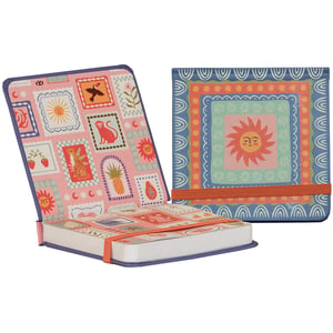 Introduce a touch of warmth and colour with the Sunshine Mini Jotter from Partisan Products Ltd. Available in single packs, this charming jotter is designed to inspire. The vibrant cover features a cheerful sun motif, surrounded by decorative borders in blues, oranges, and greens. Open it to reveal a playful 'stamp' design on the inside cover and pages, showcasing a delightful collection of animals, fruits, and more sunny faces. Compact and secured with a convenient elastic band, it's perfect for notes, lists, or creative ideas on the go. A lovely and practical addition to any stationery collection.