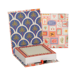 Brighten up any desk or workspace with our delightful Sunshine Noteblock! This charming set features a vibrant design that's sure to inspire. The sturdy cover opens to reveal a beautiful palm tree pattern, while the exterior boasts a playful collage of colourful, stamp-like illustrations, from cheeky monkeys to desert cacti and sunny motifs.
Inside, you'll find a generous noteblock, perfect for jotting down all your important thoughts, lists, and reminders. Each page is adorned with a cheerful rainbow border, adding a touch of whimsy to your notes. For ultimate convenience, a handy pen is included, neatly tucked away and ready for use.
The Sunshine Noteblock isn't just practical; it's a stylish accessory that brings a splash of summer joy to everyday tasks. It makes a wonderful gift or a lovely treat for yourself. Sold as a single unit, it's ready to bring sunshine to your stationery collection.