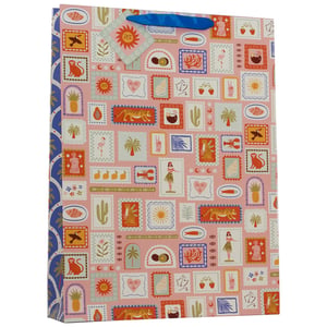 Brighten up any occasion with our Extra Large Sunshine Gift Bag from Partisan Products Ltd. This delightful gift bag features a vibrant pink background, adorned with an array of charming, postage stamp-style illustrations. Discover a playful collection of tropical and summery motifs, including suns, palm trees, pineapples, flamingos, hula dancers, and more.
The bold blue ribbon handles and a decorative blue and white patterned side panel add a stylish touch. Perfect for larger gifts, this eye-catching bag is designed to make any present feel extra special. Offer your customers a unique and cheerful packaging solution. Available in a convenient pack of 6.