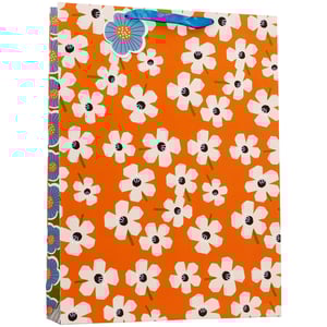 Make every gift extra special with our vibrant Extra Large Bold Floral Gift Bag. This eye-catching design features a cheerful orange background adorned with striking white, stylised flowers and delicate green accents.

The sturdy blue ribbon handles and charming matching floral tag add a touch of elegance and convenience. Its generous 'Extra Large' size makes it perfect for a wide range of presents, ensuring your customers can beautifully wrap even their biggest gifts. The unique patterned side panel adds an extra element of visual interest.

Stock up on these delightful bags, supplied in a convenient pack of 6 by Partisan Products Ltd, and offer your customers a truly memorable gifting solution.