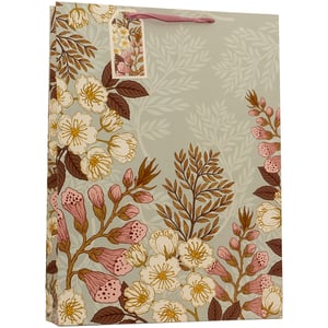 Present your gifts in style with our Extra Large Foxglove Gift Bag. This stunning bag features a beautiful botanical design, showcasing elegant foxgloves and delicate white blossoms against a soothing sage green background. Rich brown and golden foliage adds depth to this exquisite pattern. Complete with a matching gift tag and soft pink ribbon handles, it offers a truly premium touch for any special occasion. Perfect for larger presents, this extra-large bag combines beauty and practicality. Available in a convenient pack of 6 from Partisan Products Ltd., it's an ideal choice for retailers looking to offer sophisticated gift packaging.