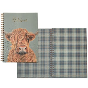 Introducing the charming Cedar & Sage A4 Notebook, a delightful addition to any stationery collection. This spiral-bound notebook features a captivating illustration of a shaggy Highland cow on its sage green-grey front cover, complete with subtle speckle details and elegant "Notebook" script. The warm, earthy tones of the cow's fur beautifully complement the cool background.
Open it up to reveal a stylish plaid pattern in coordinating blues, greys, and hints of warm orange, making every page turn a pleasure. Perfect for jotting down notes, ideas, or daily tasks, its A4 size offers ample space for all your writing needs. Sold individually, this notebook is ideal for students, professionals, or anyone who appreciates a touch of rustic charm. A truly unique and practical item!