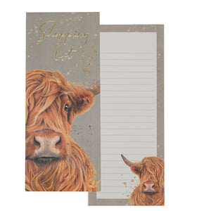 Bring a touch of rustic charm to everyday errands with our delightful Cedar & Sage Shopping List. This charming pad features an endearing Highland Cow design, sure to bring a smile to your customers' faces. A magnificent, shaggy-haired cow dominates the cover, while a smaller companion peeks playfully from the lined pages inside. The elegant gold 'Shopping List' title and speckled background add a sophisticated touch. Perfect for keeping track of groceries or daily tasks, this practical yet beautiful list pad is a must-have for any kitchen. Supplied by Partisan Products Ltd. as a single item, it's an ideal addition to your retail offering. Help your customers get organised in the most charming way!