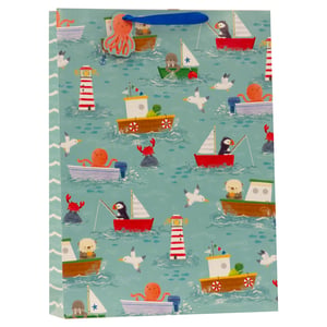 Set sail for smiles with our Extra Large Ahoy There Blue Gift Bag! This delightful bag features a charming nautical scene, brimming with playful puffins, friendly octopuses, and cheerful crabs navigating the waves in their colourful boats. Adorable walruses, otters, and seagulls complete the whimsical picture, all set against a serene blue background dotted with lighthouses. Perfect for those extra-special, larger gifts, its vibrant design is sure to make any present feel like a treasure. Stock up with this fantastic gift bag, available in a convenient pack of 6 from Partisan Products Ltd., and add a splash of seaside fun to your retail offering.