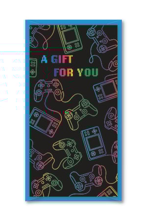 Level up your gift-giving with our fantastic Gamer Single Money Wallet! Perfect for any gaming enthusiast, this vibrant wallet features a cool black background adorned with a colourful array of retro-style game controllers and handheld consoles. Each outline shimmers with a rainbow effect, making it truly eye-catching.

The front proudly displays "A GIFT FOR YOU" in fun, pixelated lettering, ensuring your present stands out. Ideal for holding cash, a gift card, or a special note, this money wallet is the ultimate way to present a treat to friends, family, or fellow gamers. It’s a brilliant choice for birthdays, celebrations, or just because. Get ready to score major points with this unique and playful gift accessory!