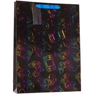 Level up your gift-giving with our Extra Large Gamer Gift Bag! This awesome bag features a sleek black background, brought to life with vibrant, rainbow-hued outlines of classic game controllers and handheld consoles. The holographic effect makes the design truly pop, ensuring your present stands out from the crowd. It even comes with a cool gift tag that proudly declares "EAT SLEEP GAME REPEAT" – the perfect sentiment for any gaming enthusiast. Complete with sturdy blue handles and an extra-large size, it's ideal for holding bigger gifts for birthdays, holidays, or any special occasion. Make your gamer's day extra special with this fantastic gift bag!