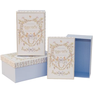 Welcome a beautiful baby boy with our charming Vintage Baby Boy 3 Nested Boxes! This delightful set from Partisan Products Ltd features three beautifully designed boxes, perfect for gifting or storing precious keepsakes.

Each box boasts a delicate vintage-inspired illustration of floral wreaths, sweet birds, and ribbons, all in soft pastel shades and classic baby blue. The largest box has a patterned lid, while the smallest reveals a playful polka dot interior. Sold as a single set, these nested boxes offer a truly special way to celebrate a new arrival. A wonderful addition to any baby gift collection, they're sure to be treasured.
