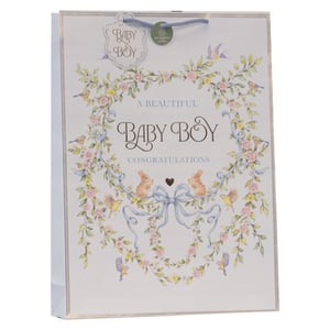 Welcome a precious new arrival with our charming Extra Large Vintage Baby Boy Gift Bag. This beautifully designed bag features a delightful illustration of a floral wreath adorned with soft blue ribbons, sweet little birds, and two adorable bunnies sharing a heart. The gentle colour palette of blues, pinks, and yellows perfectly complements the celebratory message, 'A Beautiful Baby Boy, Congratulations'.
Crafted with a timeless vintage appeal, this spacious gift bag is ideal for presenting those extra-special baby gifts. It comes complete with sturdy blue braided handles and even includes an eco-friendly tag, adding a thoughtful touch. Make your gift truly memorable with this enchanting bag.
Pack size: 1x6
Supplier: Partisan Products Ltd.
