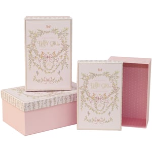 Introduce the charming Vintage Baby Girl 3 Nested Boxes, a delightful addition to any gift collection. These beautifully designed boxes feature a soft pink hue, adorned with delicate floral wreaths, sweet bows, and butterflies, all celebrating 'A Beautiful Baby Girl'. Perfect for storing precious keepsakes or presenting a special gift, each set includes three perfectly nested boxes. The inner lining boasts a lovely polka dot pattern, adding an extra touch of charm. Offer your customers these exquisite boxes, ideal for baby showers, christenings, or welcoming a new arrival. Available in single packs, they are sure to be a popular choice.