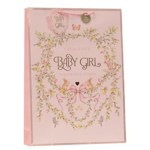 Welcome a new arrival with our delightful Extra Large Vintage Baby Girl Gift Bag. This charming pink bag features a beautiful vintage design, perfect for celebrating a little one. Adorned with a delicate floral wreath, sweet bunnies, playful birds, and graceful butterflies, it proudly displays "A Beautiful Baby Girl, Congratulations." The elegant pink cord handles complete the look, and a small tag confirms its eco-friendly credentials. Its extra-large size makes it ideal for a variety of thoughtful gifts. Available in a convenient pack of 6 from Partisan Products Ltd., this bag is a wonderful addition to any gift packaging collection, offering both style and sustainability.