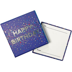 Elevate your customers' birthday gifting with our eye-catching Happy Birthday Blue Gift Card Box! From Partisan Products Ltd., this vibrant blue box is covered in a playful confetti design of stars, circles, and rectangles, all highlighted by shimmering "HAPPY BIRTHDAY" lettering. Open it up to reveal a dedicated space with "To:" and "From:" lines, making personalisation simple. Perfectly sized to securely hold a gift card or small token, it transforms a simple present into a beautifully presented gesture. Stock up effortlessly with our convenient pack of 6, ensuring you're always ready to help your customers celebrate in style.