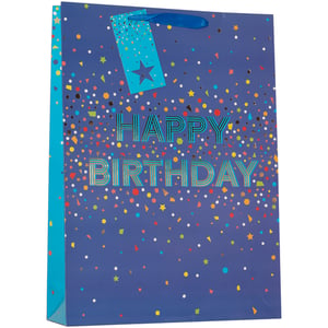 Present gifts in style with our Extra Large Happy Birthday Blue Gift Bag, brought to you by Partisan Products Ltd. This spacious bag features a deep blue base, beautifully decorated with a cascade of colourful confetti, including dots, stars, and shapes, many with a lovely metallic sheen. The prominent "HAPPY BIRTHDAY" message shines in a complementary blue, adding a celebratory touch. It's finished with a sturdy blue ribbon handle and a coordinating gift tag, complete with a star detail. Ideal for larger presents, this bag is designed to make any birthday gift stand out. Available in a wholesale pack of 6, it's a fantastic addition to your partyware selection.