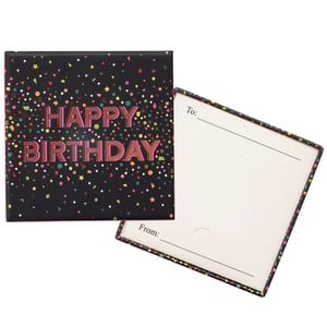 Make every birthday gift extra special with our Happy Birthday Pink Gift Card Box! From Partisan Products Ltd, this delightful box is designed to add a pop of fun to any present. Featuring a vibrant black background adorned with colourful confetti and bold "HAPPY BIRTHDAY" lettering in a stylish pink and gold, it's sure to catch the eye.

Inside, a convenient 'To:' and 'From:' section makes personalisation a breeze, along with dedicated slots perfect for holding a gift card securely. Sold in a handy pack of 6, these boxes are an essential addition to your gift packaging range, offering customers a charming and practical way to present their birthday wishes.