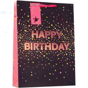 Make every birthday gift extra special with our Extra Large Happy Birthday Pink Gift Bag! This stunning bag features a chic black background adorned with a vibrant shower of multi-coloured confetti, including stars, dots, and geometric shapes. The 'HAPPY BIRTHDAY' message shines brightly in a metallic pink/rose gold, adding a touch of celebratory elegance.

With its extra-large size, it's perfect for accommodating generous presents, while the bright pink handles and side panel complete the festive look, ensuring your gifts stand out. Ideal for any celebration, these bags are a fantastic way to present gifts with style. Sold in a convenient pack of 6, they're a must-have for any retailer looking to offer premium gift packaging.