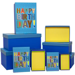 Make every birthday gift extra special with our Hullaballoo Blue 10 Nested Boxes! This fantastic set features ten vibrantly blue gift boxes, each adorned with a cheerful 'Happy Birthday!' message in an array of colourful, patterned letters. The playful design, complete with a stylish blue patterned border on the lids and a bright yellow interior, is sure to delight.

Perfect for presenting gifts of all shapes and sizes, these versatile boxes nest neatly together for convenient storage when not in use. They're an eye-catching addition to any retail display and ready to bring joy to any birthday celebration. Supplied as a single set, these boxes are a must-have for your gift packaging collection.