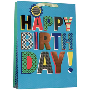 Get ready to celebrate in style with our Extra Large Hullabaloo Blue Gift Bag! This vibrant bag is the perfect way to present any birthday gift, featuring bold, colourful "HAPPY BIRTHDAY!" lettering. Each letter boasts a unique, playful pattern or shiny metallic finish, making every present feel extra special. The striking blue background, adorned with a subtle chevron pattern, adds to its cheerful appeal. With its generous size, you'll have plenty of space for even the most exciting surprises. Supplied by Partisan Products Ltd, these fantastic bags come in a convenient pack of 6, ensuring you're always prepared for the next big celebration.