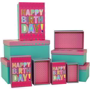 Introduce a burst of joy to your gift-giving collection with our Hullaballoo Pink 10 Nested Boxes from Partisan Products Ltd. This delightful set features ten vibrant boxes, each designed to make birthdays unforgettable. The eye-catching pink lids showcase a playful 'HAPPY BIRTHDAY!' message, crafted with an assortment of colourful, patterned letters and a fun zigzag background. Complementing this, the main boxes are a striking teal, revealing a charming pink patterned interior when opened. Perfect for presenting gifts of all sizes or for stylish storage, these nested boxes offer incredible versatility. Each single pack provides a complete, ready-to-sell collection that's sure to be a customer favourite.