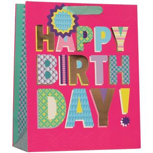 Make every birthday gift unforgettable with our Large Hullabaloo Pink Gift Bag! This vibrant and eye-catching bag features a bold "HAPPY BIRTHDAY!" message, crafted from a delightful mix of colourful, patterned, and metallic letters that truly stand out against the bright pink background. Playful geometric patterns adorn the side panel, enhancing its festive appeal. Complete with a sturdy ribbon handle, this generously sized gift bag is ideal for presenting a wide range of birthday presents. Available in a convenient pack of 6 from Partisan Products Ltd., it's a fantastic choice for adding a splash of fun and colour to any birthday celebration.