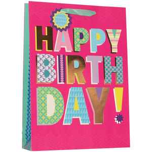 Make every birthday celebration unforgettable with our Extra Large Hullabaloo Pink Gift Bag! This vibrant, eye-catching bag is designed to bring an instant burst of fun to any present. Featuring a bold "HAPPY BIRTHDAY!" message, each letter boasts a unique, playful pattern in a delightful array of colours. The bright pink background, adorned with subtle zigzag details, perfectly complements the stylish teal ribbon handles and matching patterned side panel. Its generous extra-large size makes it ideal for accommodating those bigger gifts, ensuring your customers can wrap up even the most exciting surprises with ease. Stock up on these must-have bags, available in a convenient pack of 6, and add a touch of 'hullabaloo' to your gift wrap selection.