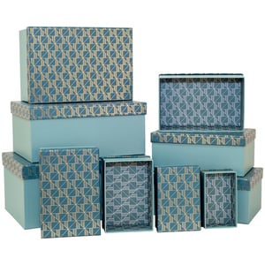 Introduce the charming Align 10 Nested Boxes, from Partisan Products Ltd. This wonderful set includes ten boxes of various sizes, thoughtfully designed to nest neatly for convenient storage. Each box features a lovely teal colour, beautifully complemented by a distinctive gold and light blue geometric pattern on the lid and inside. These versatile boxes are perfect for a range of uses, whether for stylish home organisation or presenting special gifts. Their elegant design adds a touch of sophistication to any display. Available in single packs, these nested boxes are a fantastic choice for your customers.