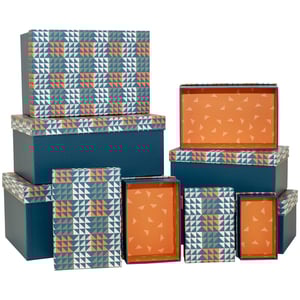 Elevate your retail offering with the stunning Trig 10 Nested Boxes, available from Partisan Products Ltd. This single pack provides a versatile collection of ten beautifully crafted boxes, perfect for gifts, storage, or decorative displays. Each box features a contemporary geometric triangle pattern in a sophisticated palette of teal, orange, and white. The clever nesting design ensures efficient storage when not in use, while the vibrant orange interior adds a delightful pop of colour. Offer your customers both style and practicality with this eye-catching set.
