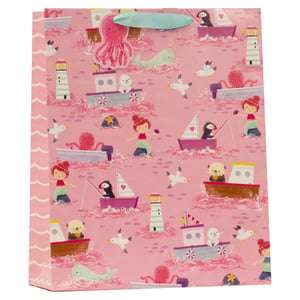 Set sail for smiles with our Large Ahoy There Pink Gift Bag! Perfect for any celebration, this charming bag features an adorable nautical theme on a delightful pink background. Little ones and grown-ups alike will love the whimsical illustrations of cheerful mermaids, playful seals, cute puffins, and friendly octopuses, all navigating a wavy sea alongside charming boats and lighthouses.
Designed to make any present extra special, this spacious bag is ideal for birthdays, baby showers, or simply adding a touch of magic to your gifts. The sturdy construction and soft blue ribbon handle ensure a lovely presentation. Stock up your shelves with this popular design, available in a convenient pack of 6 from Partisan Products Ltd.