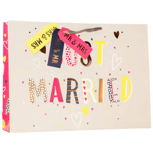 Celebrate love with our delightful Extra Large Shopper Just Married Gift Bag! This vibrant bag is the perfect way to present wedding gifts, featuring a playful 'JUST MARRIED' design in a mix of bright pinks, yellows, and shimmering gold. Adorned with charming hearts and speckles, it truly captures the joy of the occasion.
The thoughtful inclusion of 'MR & MRS' and 'MR & MR' tags ensures it's suitable for all happy couples. Its generous extra large size makes it ideal for a variety of presents, from homeware to personalised keepsakes. Help your customers make their wedding gifts extra special with this eye-catching bag. Available in a convenient 1x6 pack.