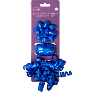 Elevate your gift presentation with our charming 3 Blue Bow And Cop Set! This delightful accessory pack provides everything needed to add a vibrant finishing touch to any present. Each set features a stunning star bow, a practical spool of classic blue ribbon, and a playful cascade of matching curly ribbon, all in a brilliant, eye-catching blue. Designed by Violet, these versatile components make gift-wrapping simple and stylish for any occasion. Supplied by Partisan Products Ltd, these essential sets are available in a convenient wholesale pack size of 1x12, ensuring you're well-stocked for all your gifting needs. Make every gift unforgettable!