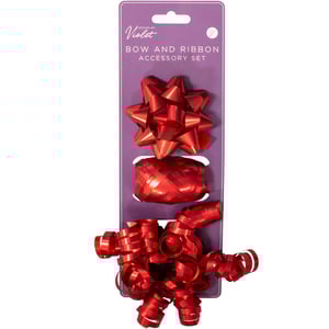 Elevate your gift wrapping with our fantastic 3 Red Bow And Cop Set! This vibrant accessory pack is designed to add a dazzling finish to any present. Each set features a beautiful red star bow, a handy spool of shimmering curling ribbon, and a delightful collection of pre-curled ribbon pieces, all in a matching festive red. Whether it's for birthdays, holidays, or any special celebration, these versatile decorations make gift-giving extra special. Presented on a 'Design by Violet' card, this set offers quality and style. Stock up effortlessly with our convenient pack size of 1x12.