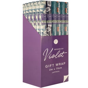 Introduce a splash of style to your gift wrap offering with our 2M Blue Mix Roll Wrap, supplied by Partisan Products Ltd. This vibrant display box, proudly branded 'Design by Violet', contains 36 rolls of beautifully designed gift wrap, perfect for a wide array of occasions. Each roll provides a generous 2m x 70cm (approx) of paper, ensuring plenty for every present.

The 'Blue Mix' collection showcases a delightful variety of patterns, including tranquil blue and white scenic prints, sophisticated playing card designs, and contemporary teal and orange geometrics. This diverse selection caters to all tastes, making it an ideal choice for your retail space. Offer your customers quality and choice with this attractive and versatile gift wrap.